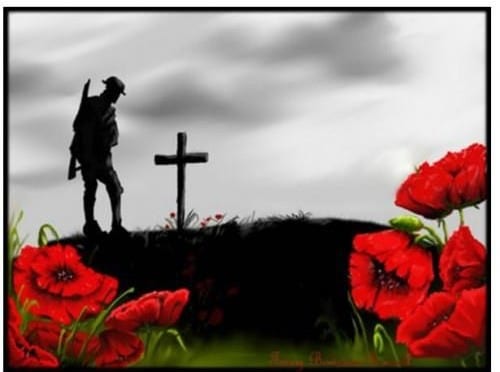 An image of a soldier and poppies.